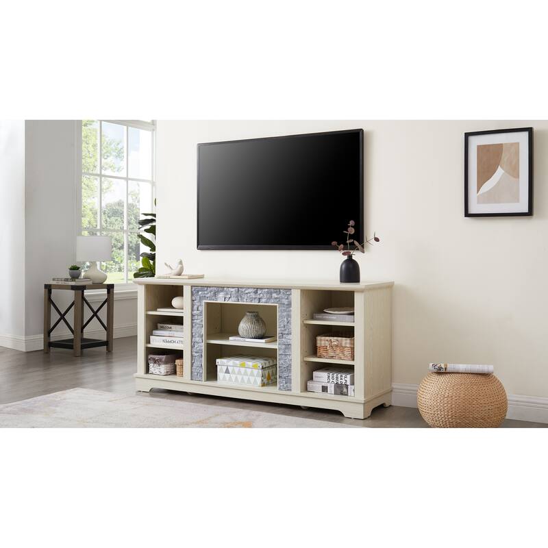 Traditional Style TV Stand with Faux Stone Accent, 6 Storage Shelf and 2 Shelf for Family Living Room