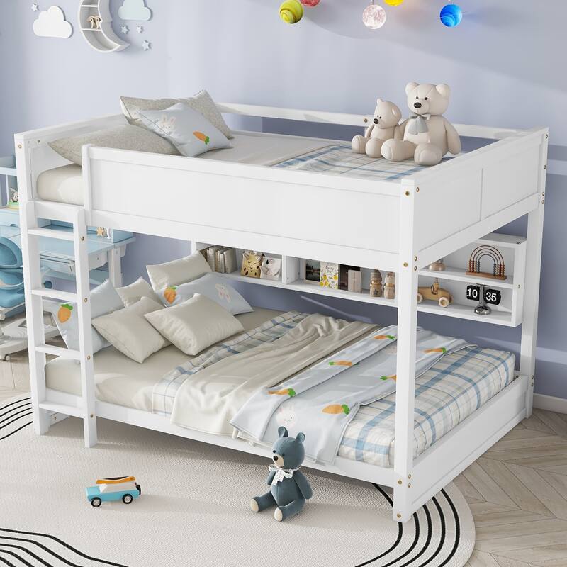 Queen Size Wood Bunk Bed with Built In Bookcase and Charging Station, Queen over Queen Low Bunk Bed Frame, No Box Spring Needed