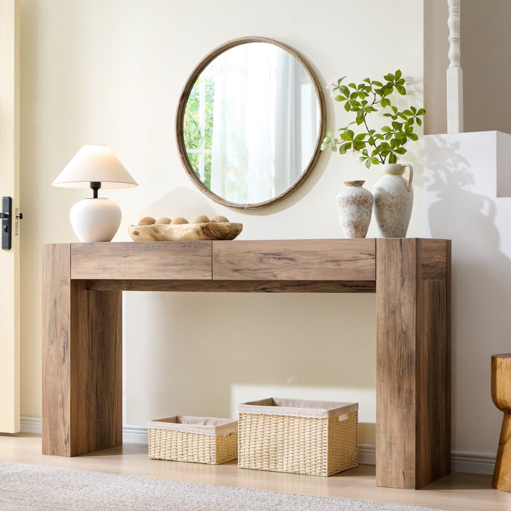 Modern Entryway Console Table, Thick Wood Sofa Table with Drawers