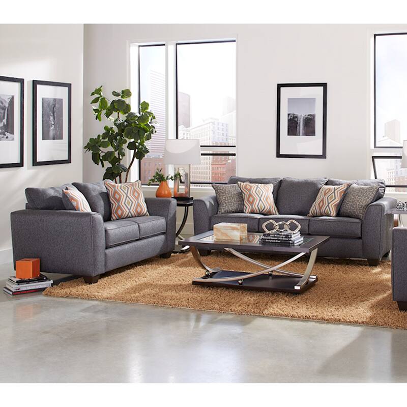 Roundhill Furniture Kanta Contemporary Fabric Pillow Back Sofa and Loveseat Set, Indigo - Grey - 2 Piece