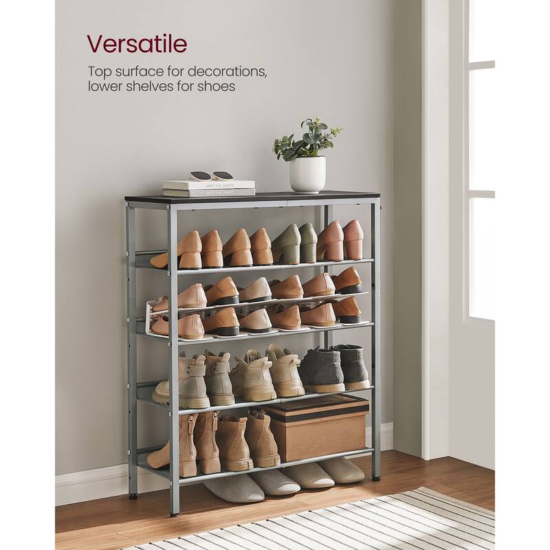 Brown Wood 5-Tier Shoe Rack with Storage Shelves and Spacious Top - 11.8”D x 29.5”W x 36.6”H