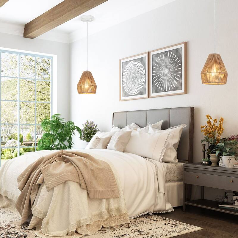 3-Light Metal Hanging Pendant Light Chandelier with Paper Rattan Shade for Kitchen Island