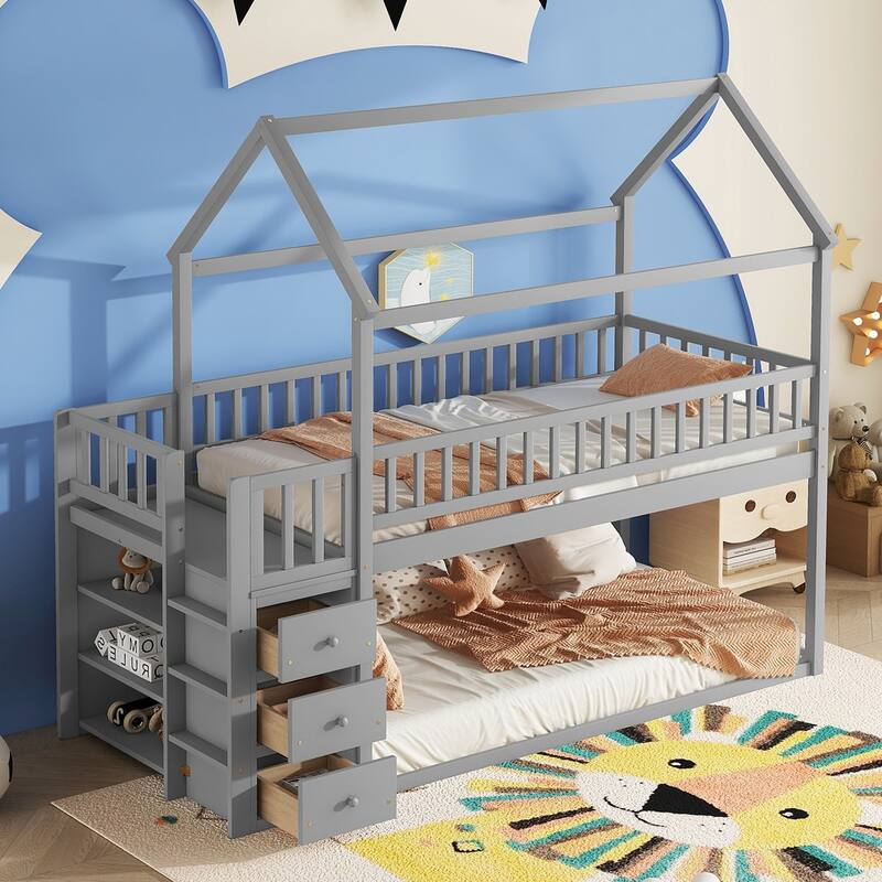 Grey Twin/Twin House Bunk Bed with Shelves, Drawers, and Roof Design