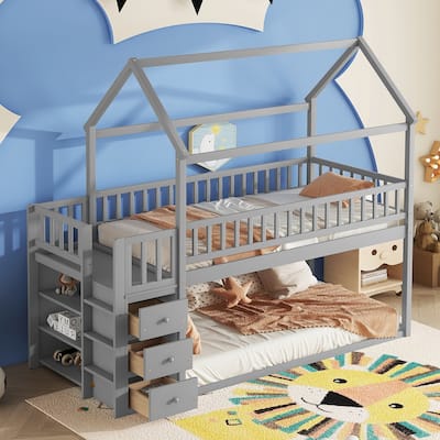 Sturdy Twin Size House Bunk Bed with Storage Drawers and Shelves, Pine Wood Bunk Bed for Kids with Roof and Guardrails.