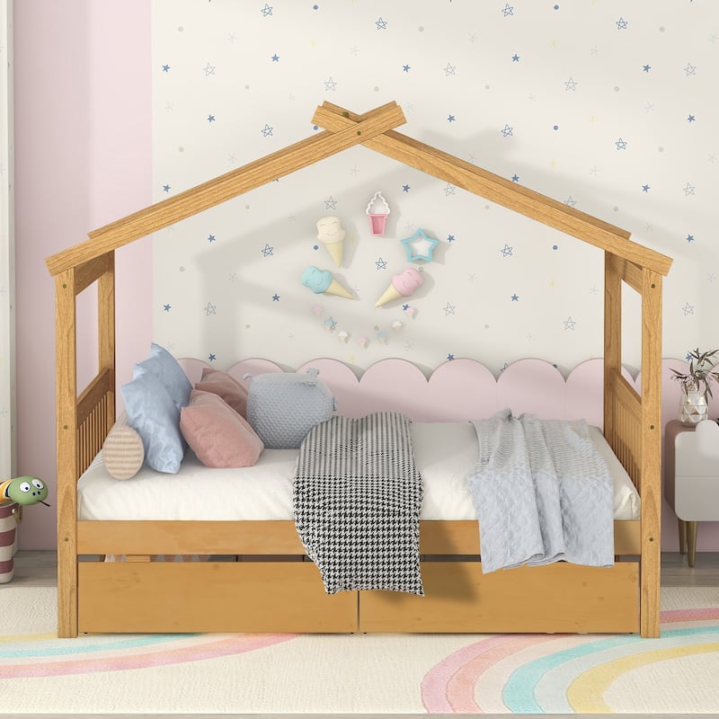 Full Size Wooden House Bed with Drawers, 79.5"L x 57.1"W x 63.1"H, Natural