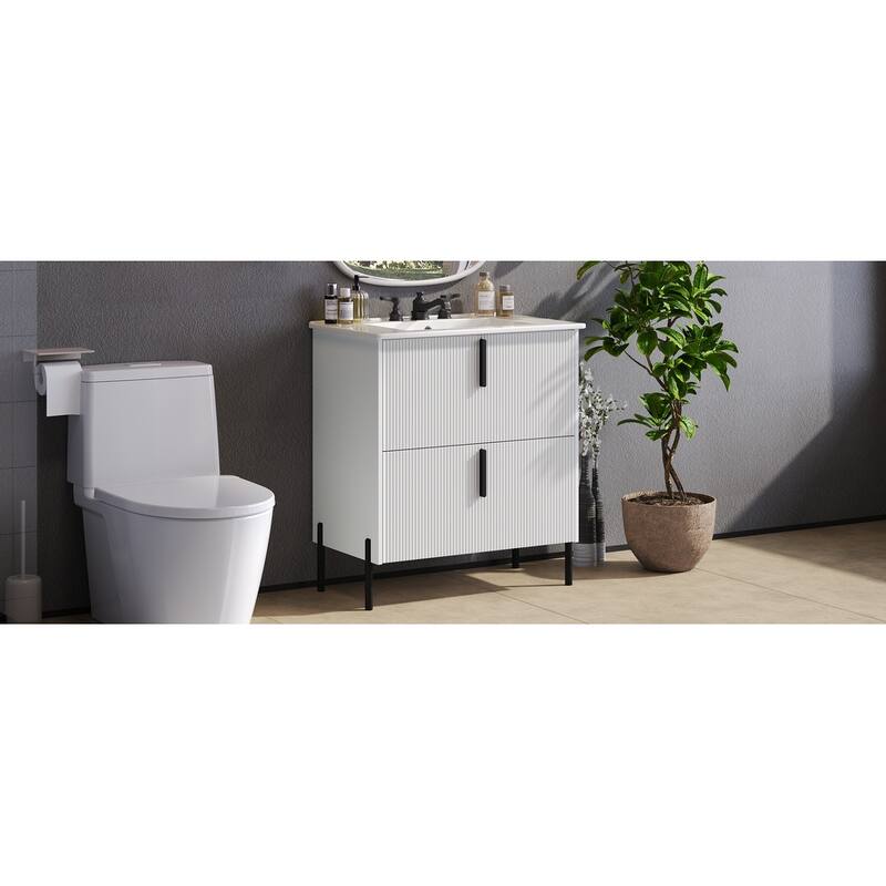 Fluted Bathroom Vanity with Ceramic Sink, Freestanding Bathroom Storage Cabinet, Bathroom Vanities with Full-Extension Drawers
