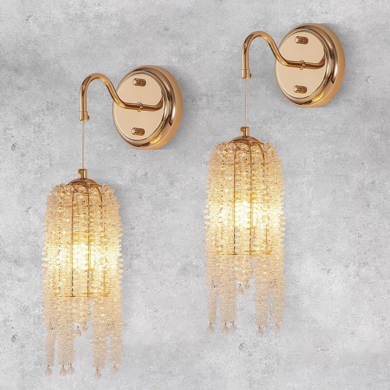 Set of 2 Gold Wall Sconces with Crystal Bead Strings Elegant Hanging Light Fixtures, E12 Socket (Bulbs Not Included) - Gold