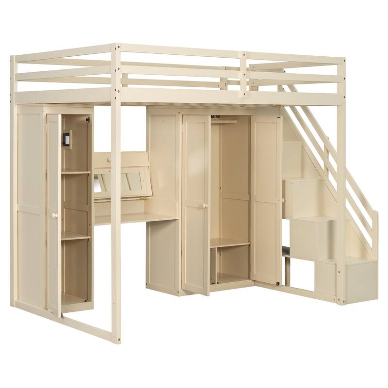 Full Size Loft Bed with Storage Staircase, Built-in Dressing Table, Mirror & Wardrobe - USB Charging & Lights