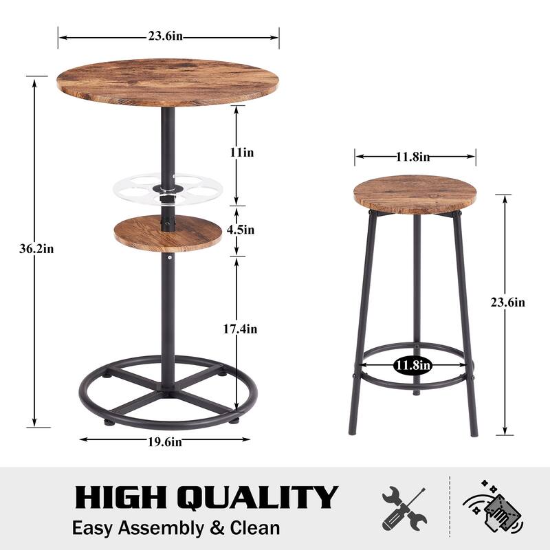 VECELO Bar Table Set, Round Bistro Bar Table Wooden Top, Sturdy Metal Frame with Pedestal, Set of 1/3