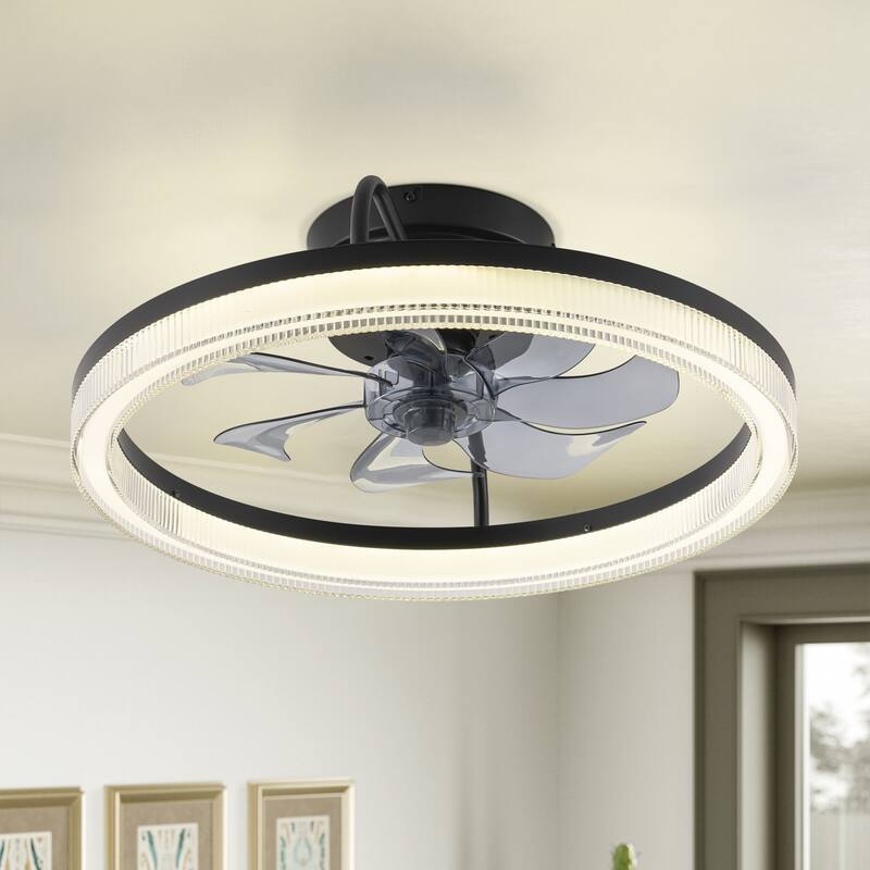 Modern Black Wheel Ring Semi-Flush Color-Change Integrated LED Ceiling Fan Lighting w/ Remote Control - Black