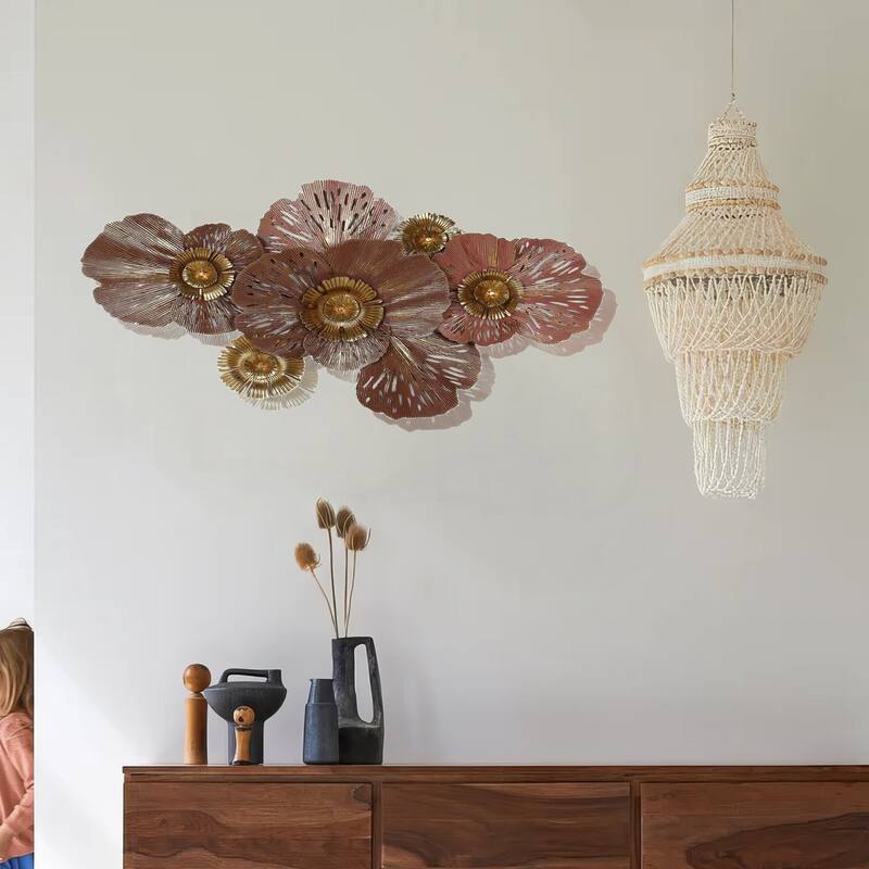 45 Inch Hanging Wall Art Decor, 3D Multiple Flowers, Metal, Brown, Gold