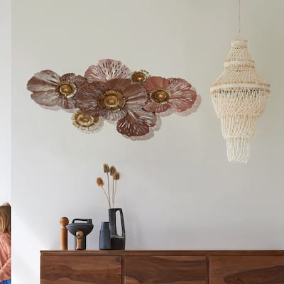 45 Inch Hanging Wall Art Decor, 3D Multiple Flowers, Metal, Brown, Gold