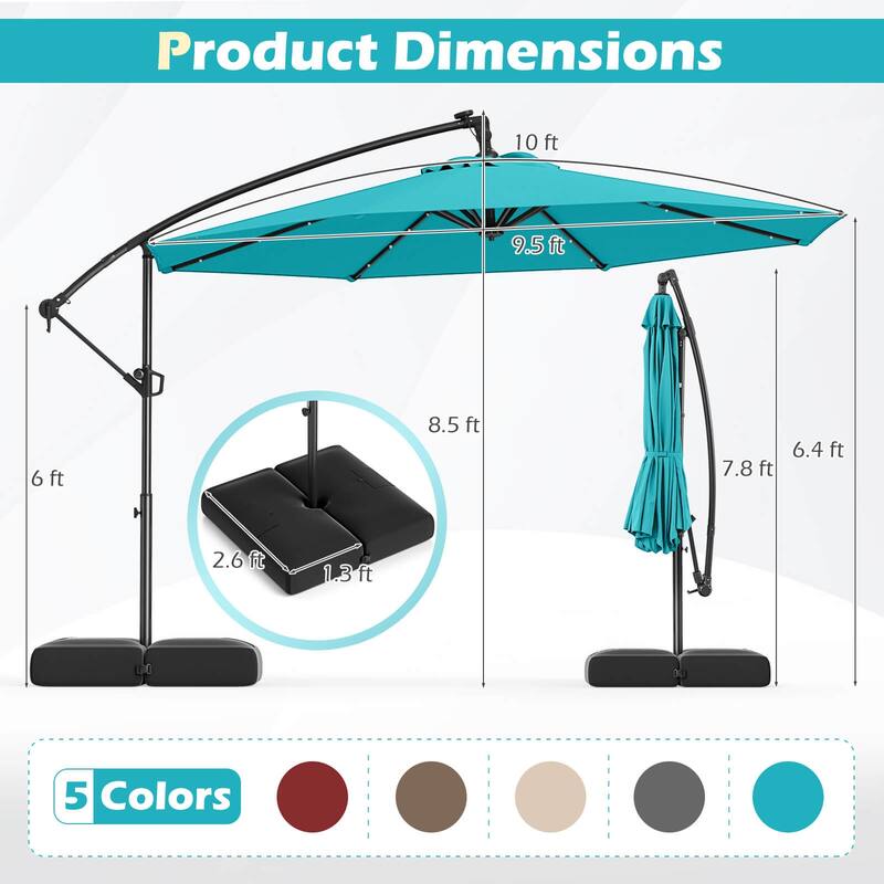 Costway 10 FT Solar Offset Hanging Umbrella Patio Cantilever Umbrella