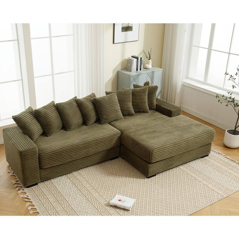Oversized Two-Piece L Shaped Corduroy Sofa with Right Chaise Daybed, Eight Throw Pillows, Green
