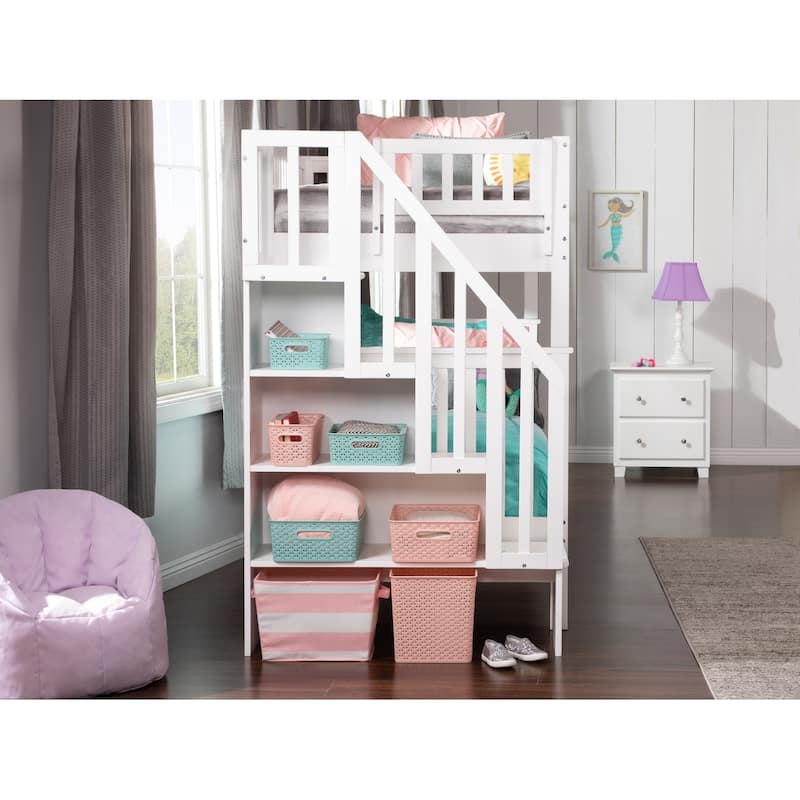 Woodland Staircase Bunk Bed Twin over Twin with 2 Drawers in White