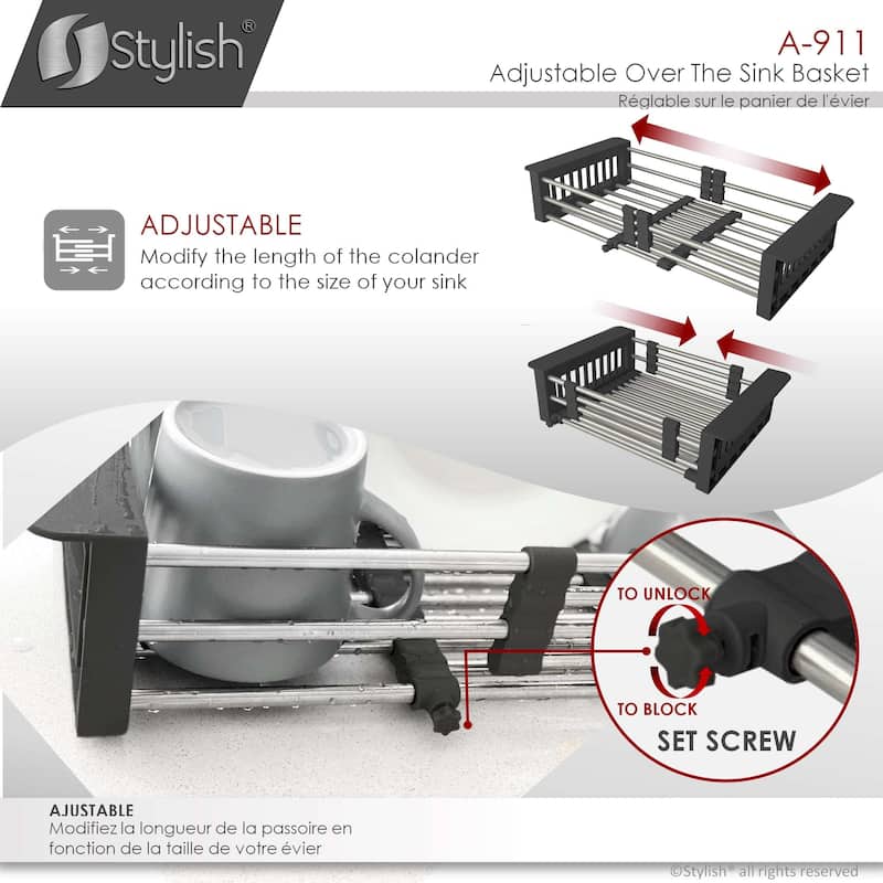 STYLISH Adjustable Over the Sink Stainless Steel Dish or Vegetable Drainer Basket