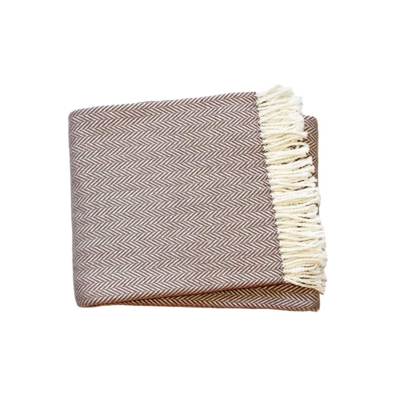 HomeRoots 70" X 55" Brown And White Cotton Blend Woven Herringbone Plush Throw Blanket with Tassels