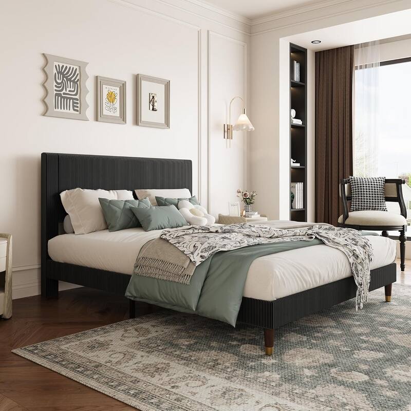 Soft Corduroy Fabric Platform Bed Frame with Upholstered Headboard, Black - Full