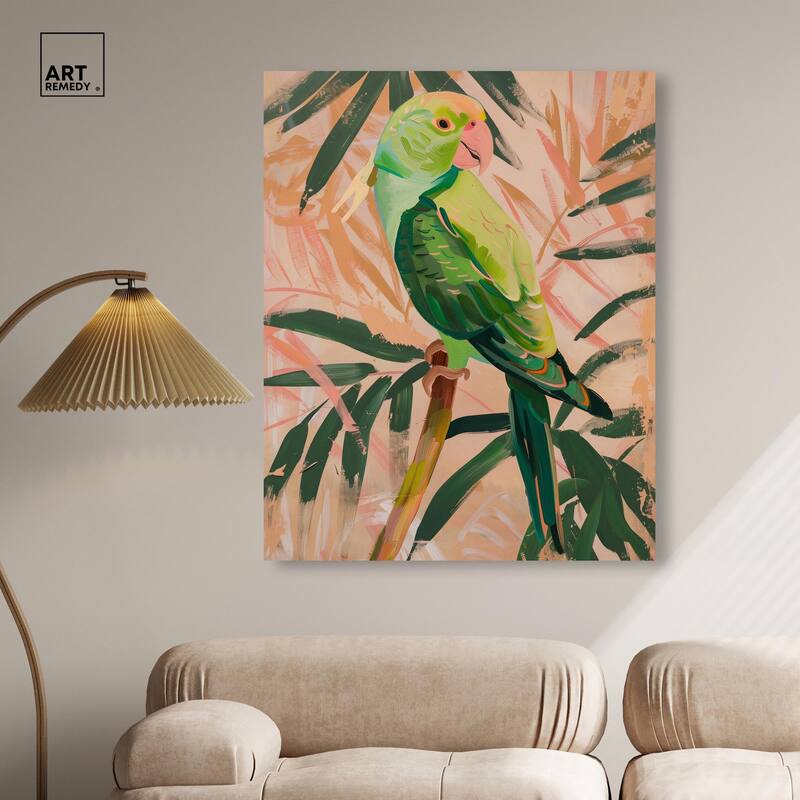 Coral and Green Parrot Canvas by Art Remedy, Gallery Wrapped