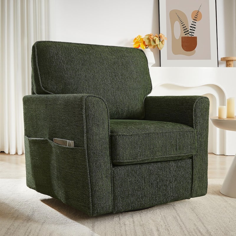 Chenille 360° Swivel Lounge Chair, Modern Armchair with Side Pockets Swivel Sofa Chair Ergonomic Recliner Chair for Bedroom - Green