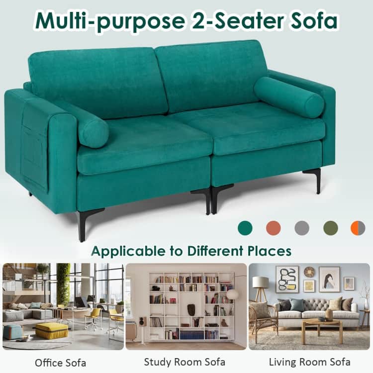 Modern Loveseat Sofa with 2 Bolsters and Side Storage Pocket - 68" x 31" x 31.5" (L x W x H)