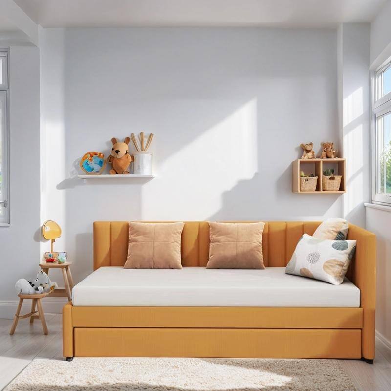 Upholstered Daybed Sofa Bed with Wheels Trundle and Support Legs, Twin