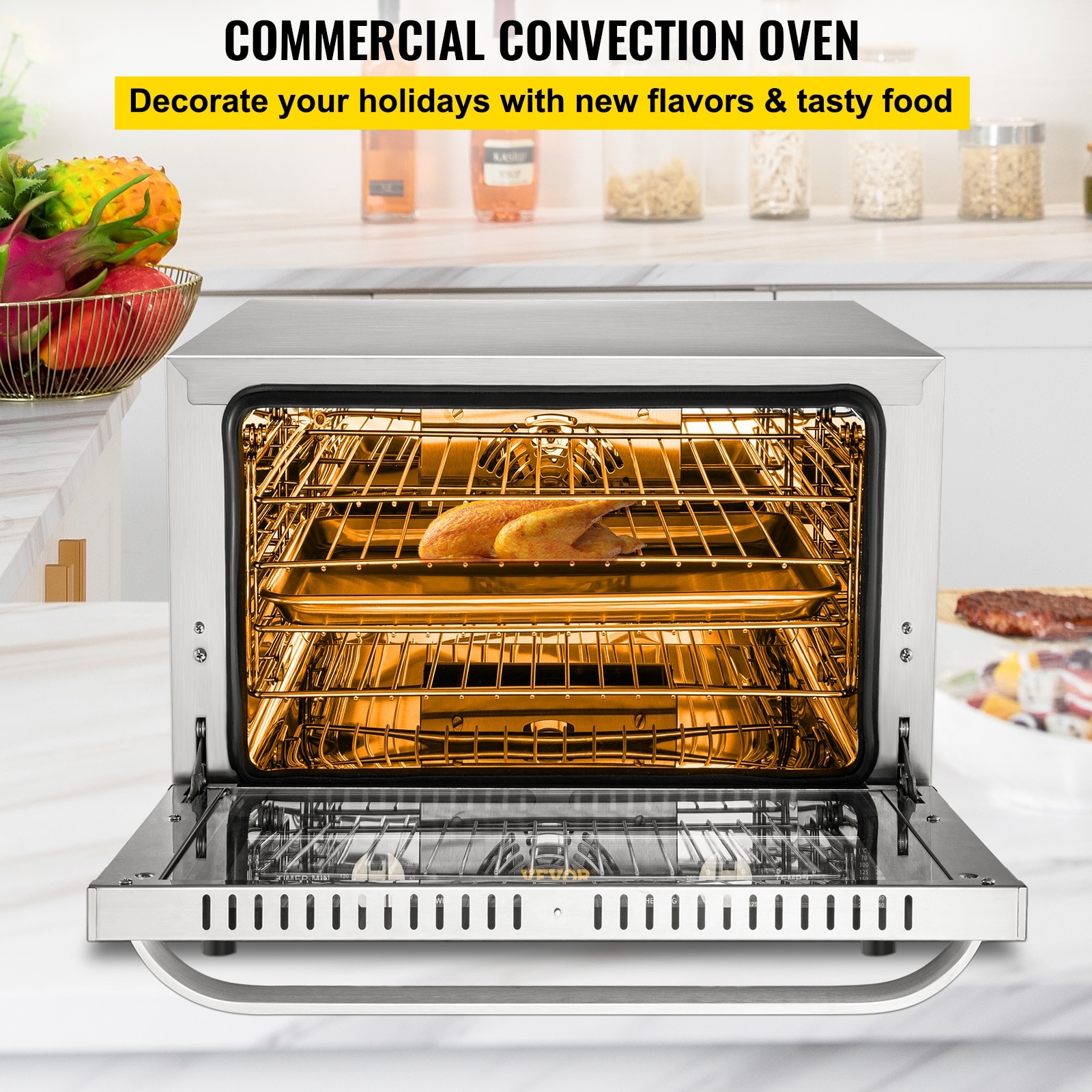 VEVOR Commercial Convection Oven 66L 60Qt Half Size Conventional Oven Countertop 1800W 4 Tier Toaster w Front Glass Door Electric Baking Oven