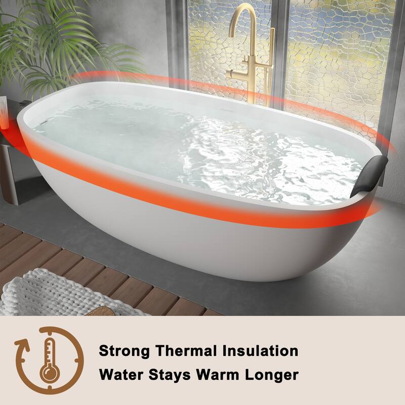 CASAINC 71" Resin Stone Solid Surface Soaking Stand Alone Bathtub Freestanding Bathtub in Matte White - 71 inch