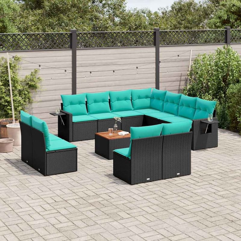 vidaXL 12 Piece Patio Sofa Set with Cushions Black Poly Rattan - 24.4" x 24.4" x 27.2" - Black and blue