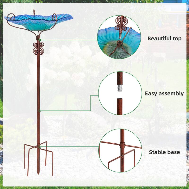 Tall Glass Birdbath Birdfeeder with Metal Stake Garden Yard Outdoor