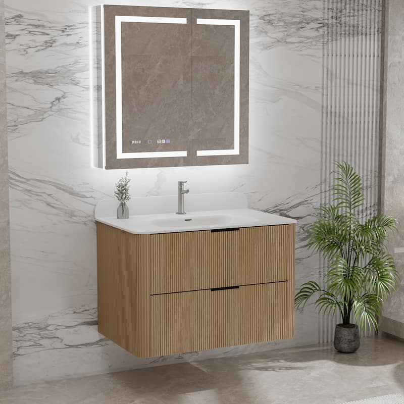 Modland Fluted Floating Vanity with Sink, Plywood Wall Mount Cabinet, Curved Edge, 24/30/36 Inch - 30 inch - Oak