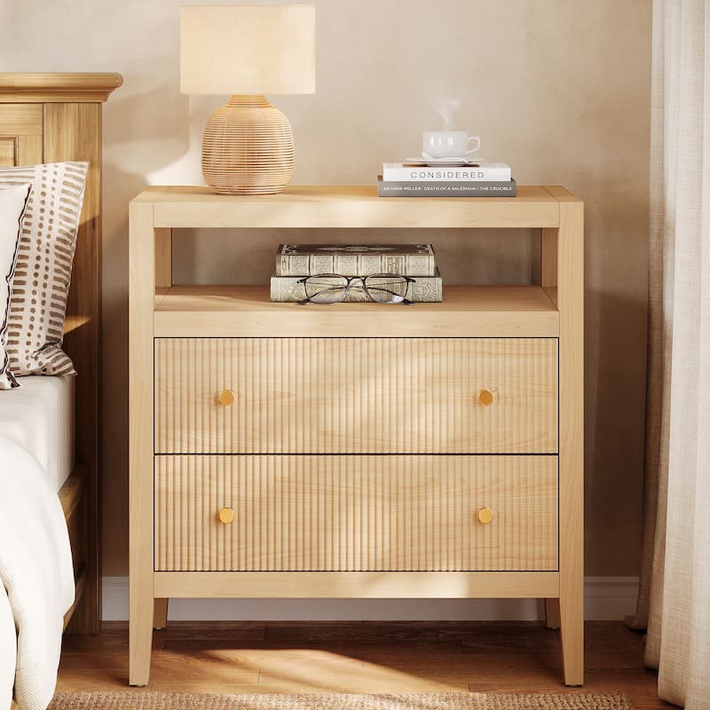 Nightstand with Drawer, Bedside Table with Open Storage Shelf, Living Room Bedroom Accent Side Table