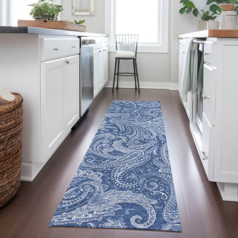 Machine Washable Indoor/ Outdoor Chantille Paisley Traditional Rug - Navy - 2'3" x 7'6"