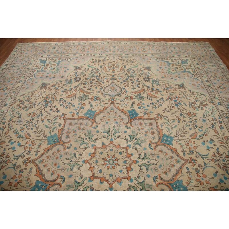 Hand Knotted Oriental 100% Wool Carpet Traditional Floral Beige & Ivories Tabriz Area Rug - 12' 8'' X 9' 8''