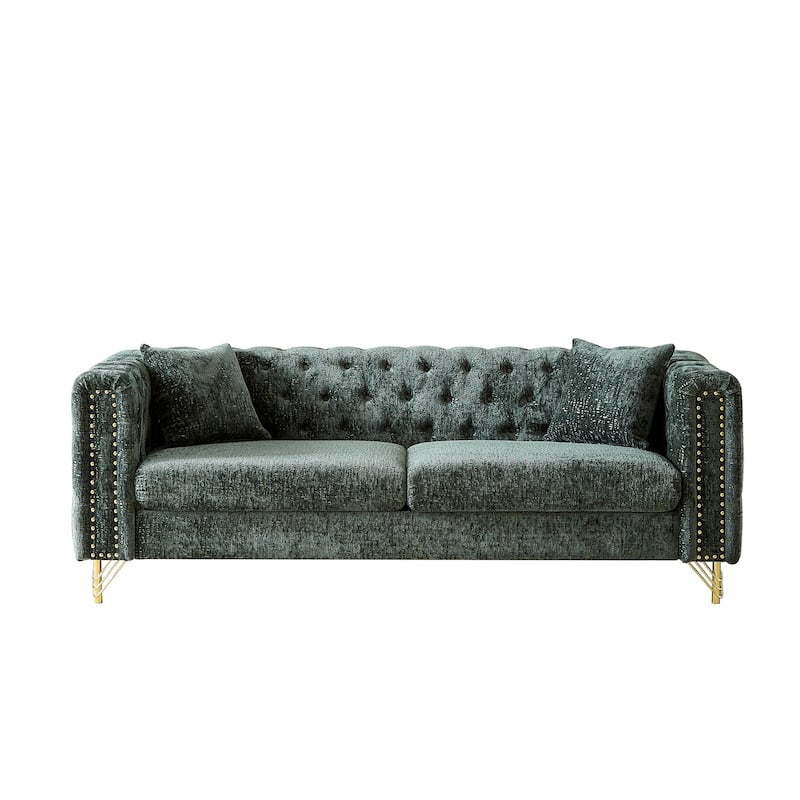 82-Inch Button-Tufted Chenille Sofa with Copper Nail Trim and Metal Legs, Chesterfield Design for Living Room or Office