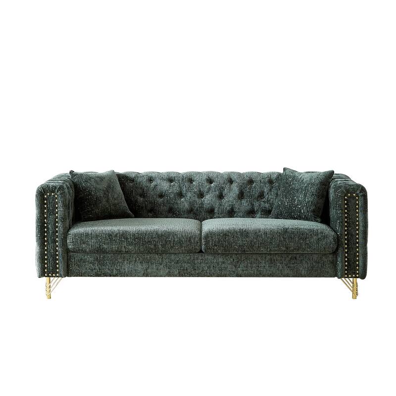 82-Inch Chesterfield-Style Chenille Sofa, Tufted Design with Nailhead Armrests and Metal Legs for Living Room