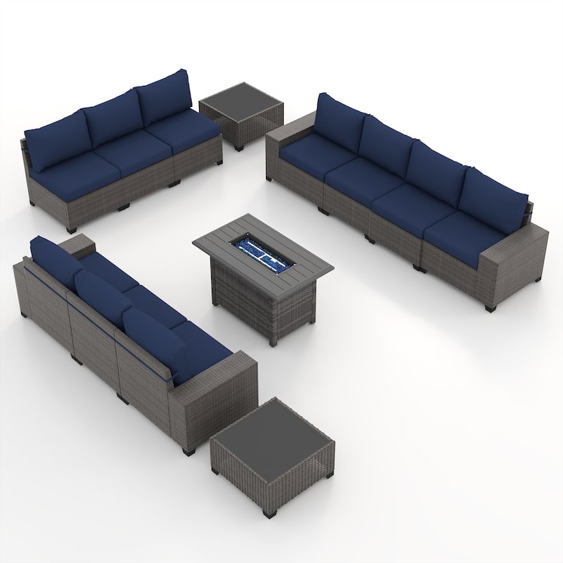 13-Piece 10 Person Patio Free Combination Wicker Conversation Set With Waterproof Cushions and Firepit Table