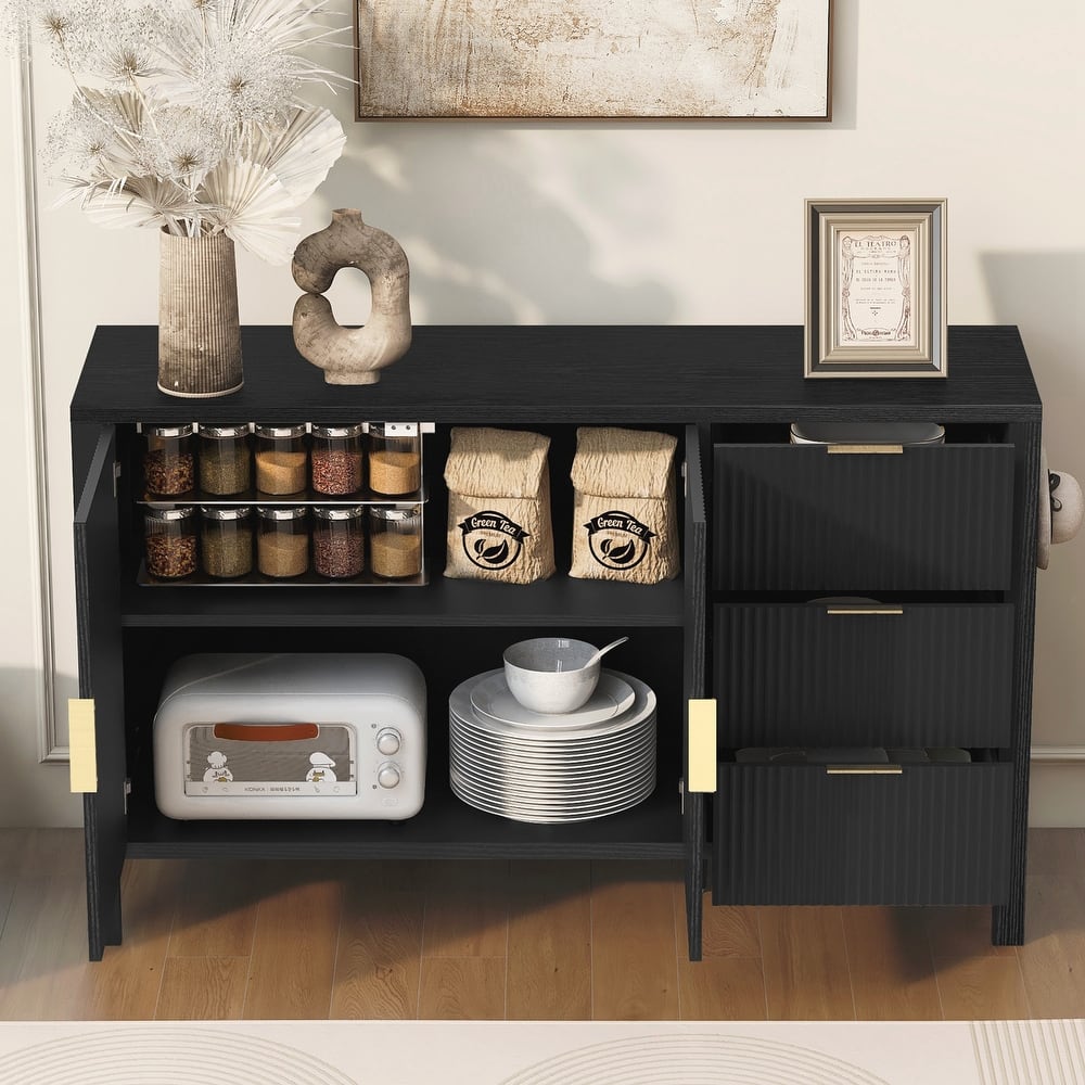 Modern Wave-Pattern Sideboard with 3 Drawers, Large Storage Buffet Cabinet with Hooks and Extra Center Leg