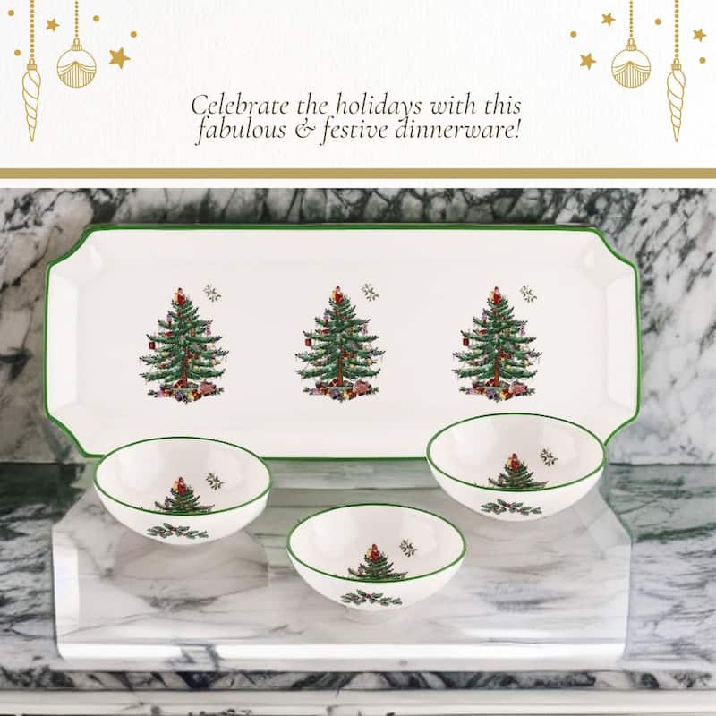 Spode Christmas Tree Rectangular Tray with 3 Dishes - 14" L x 4" W