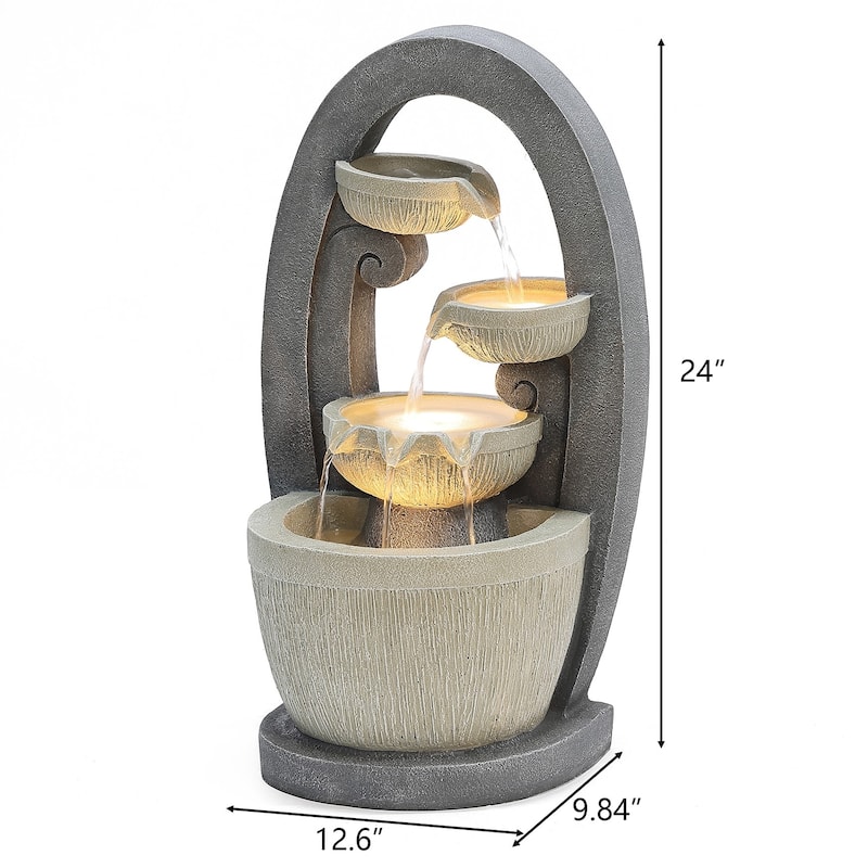 Grey Oval Cascading Bowls Resin Outdoor Fountain with LED Lights