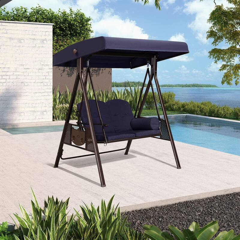 PURPLE LEAF Outdoor Patio Porch Swing with Canopy and Side Tables - 2 Seat - Navy Blue