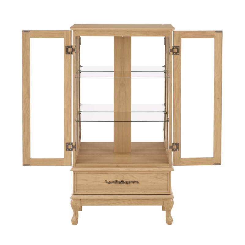 Vintage Display Cabinet with 2 Doors, Adjustable Glass Shelves and 1 Drawer