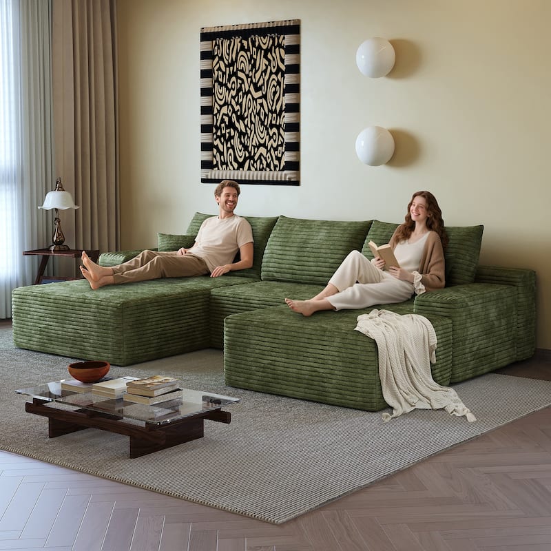 Sofa 107-in Casual Green 3 -seater Left Reclining Sectional with 1 Ottoman - 8' x 10'