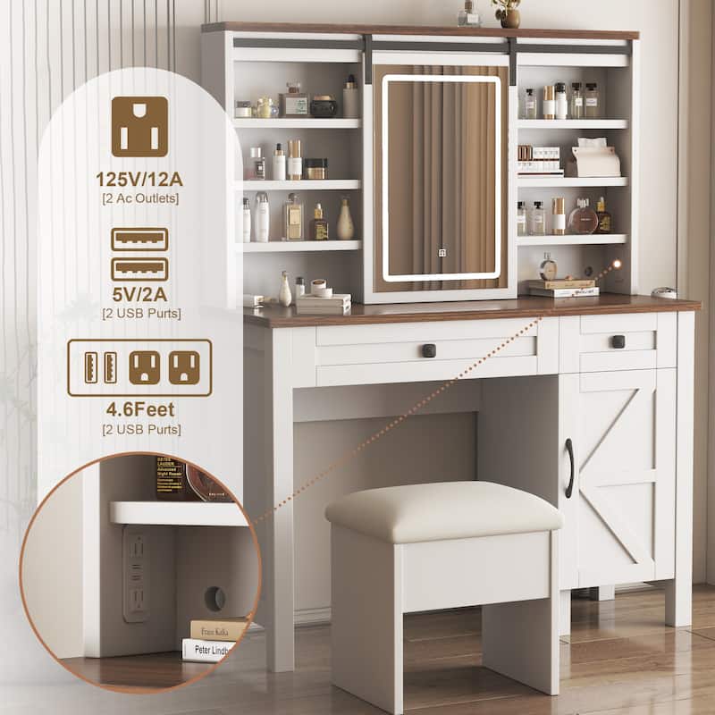 Makeup Vanity w/ Sliding Mirror,Light,Hairdryer Holder,Charging Socket