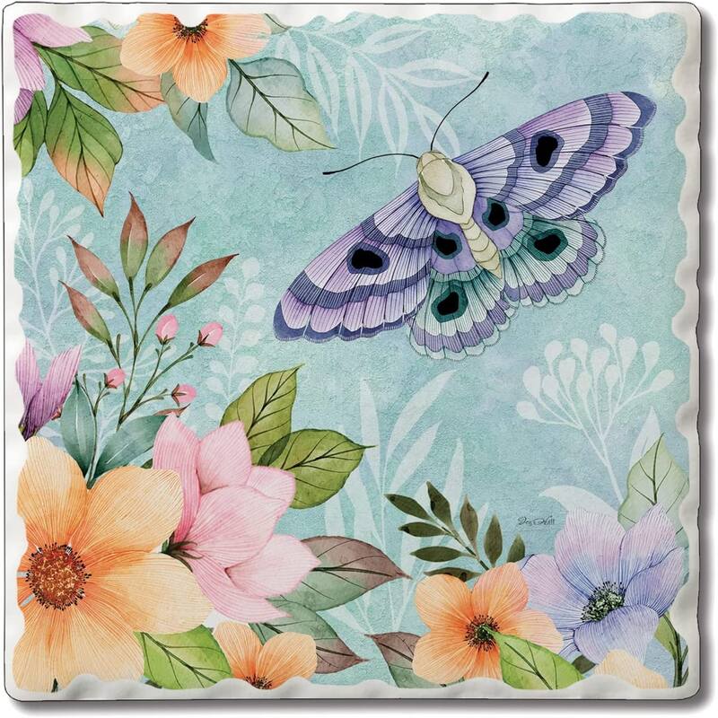 CounterArt Purple Butterfly Bloom Absorbent Stone Tumbled Tile Coaster Set of 4 Made in The USA Protective Cork Backing - Multi