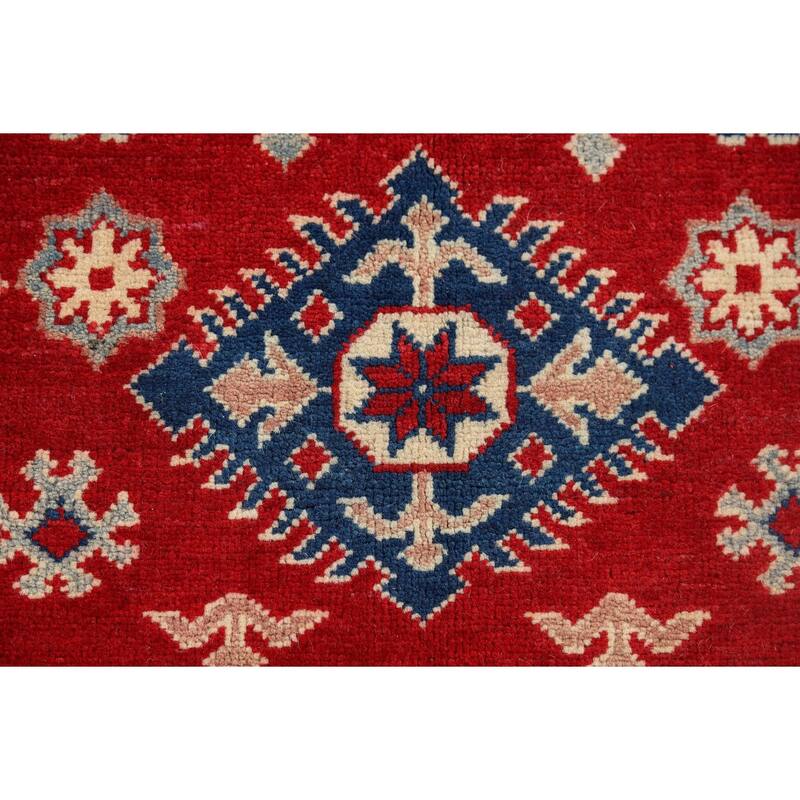 Geometric Red Kazak Accent Rug Handmade Wool Carpet - 3'4" x 5'3"