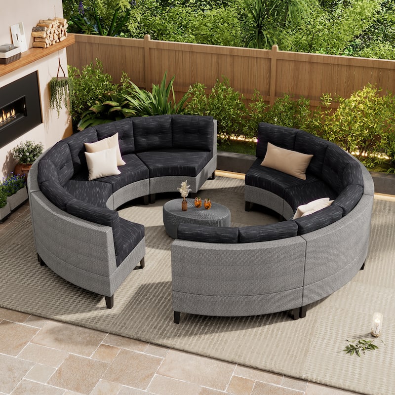 Curved Modular Couches Deep Seater Recliner Sofa Rattan Frame Conversation Sets Convertible Loveseat Couch for Outdoor - Black Gray 8 Seat