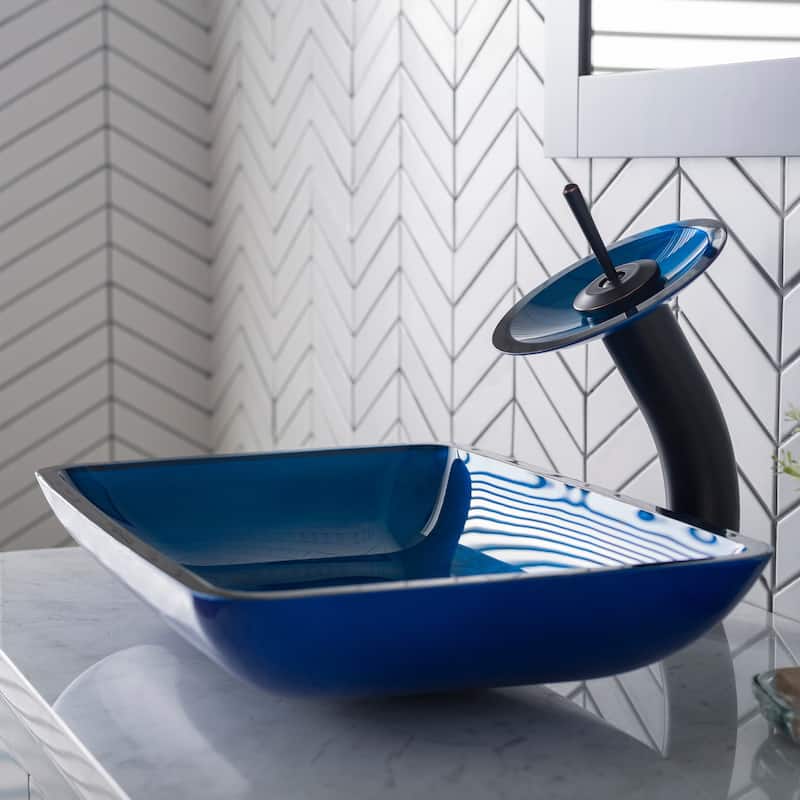 KRAUS Irruption Blue 22 in. Rectangle Glass Glass Vessel Bathroom Sink