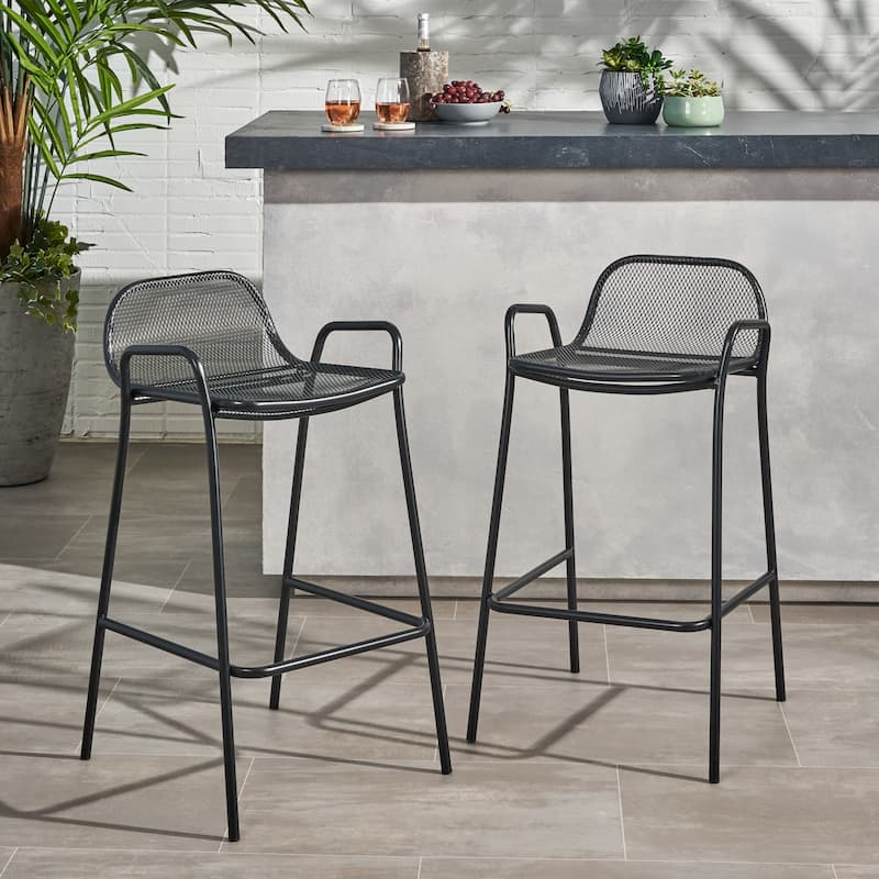 Roomfitters Modern Outdoor Bar Stools with Durable Metal Frame, Mesh Backrest and Armrest Design, Ideal for Patio, Black - Matte Black