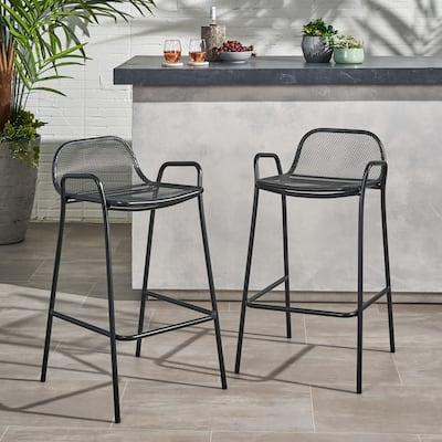 Roomfitters Modern Outdoor Bar Stools with Durable Metal Frame, Mesh Backrest and Armrest Design, Ideal for Patio, Black